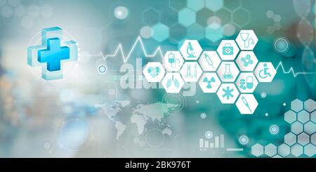 Gesundheitswesen Symbol Muster medizinische Innovation Konzept Hintergrund-Design. Illustration Stockfoto
