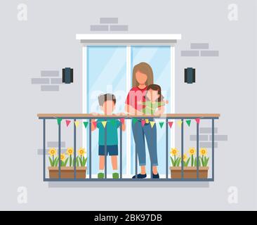 Leute auf dem Balkon, Mutter mit Kindern, Coronavirus Konzept. Bleiben Sie während der Epidemie zu Hause. Niedliche Vektorgrafik im flachen Stil Stock Vektor