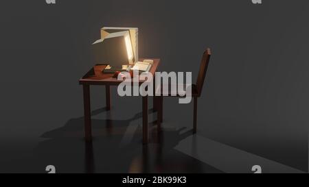 Seitenansicht der einfachen Mock-up-Komposition mit alten Computer auf Bürotisch und Stuhl 3d-Rendering. Stockfoto