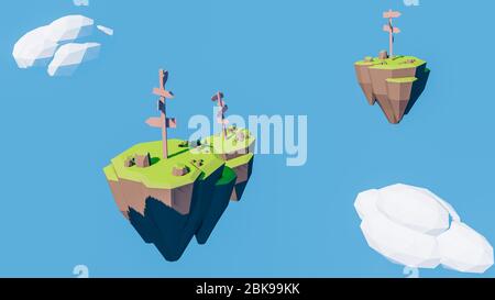 3D-Rendering von Richtungsschildern Anzeige auf schwimmenden Insel Stockfoto