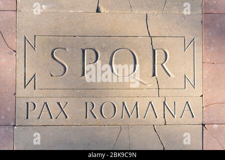 Eine geschnitzte Platte aus Pflastersteinen, die Basingstokes Verbindungen und die Verbindung mit Europa darstellt. Hier ist SPQR Pax Romana in Latein graviert. GROSSBRITANNIEN Stockfoto