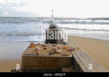 Am Strand von Boscombe, in der Nähe von Bournemouth, Dorset an der Südküste Großbritanniens. Stockfoto