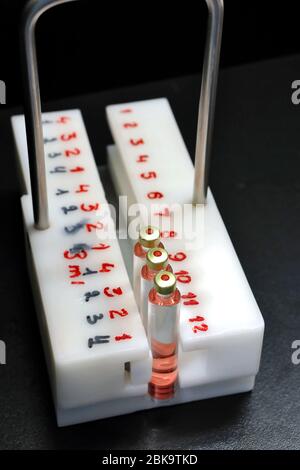 Qualitätskontrollfläschchen für die Injektion. Einzelkontrolle Fläschchen unter einem Mikroskop. Neue Pharmazeutika. Herstellung steriler Medikamente. Pharmakologie und Stockfoto