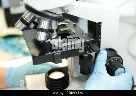 Eine Frau und ein Mann untersuchen die Struktur der Medikamentenpellets unter dem Mikroskop. Die Qualität des Pulvers der Suspension bei Vergrößerung der unde Stockfoto