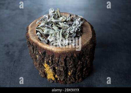 Salbei trocken, Salvia Tee in Holzschale auf Beton, Steingrund. Biologische, gesunde und entspannende Kräuter. Stockfoto