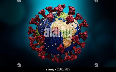 Planet Erde als Coronavirus oder sars Covid Zelle 3D-Rendering-Illustration. Weltweite Pandemie oder globale Epidemie-Konzepte. Erdkarte Texture zur Verfügung gestellt Stockfoto