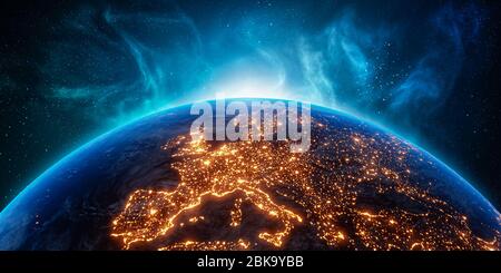 City Lights Europa Kontinent bei Nacht aus dem Weltraum. 3D-Rendering-Illustration. Die von der NASA bereitgestellte Textur der Erdkarte. Energieverbrauch, Strom Stockfoto
