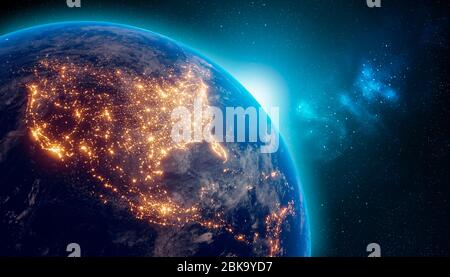 Erde in der Nacht aus dem Weltraum mit Stadtlichtern auf dem nordamerikanischen Kontinent. 3D-Rendering-Illustration. Die von der NASA bereitgestellte Textur der Erdkarte. Energiebedarf Stockfoto