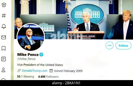 Twitter-Seite (Mai 2020) : Mike Pence, Vizepräsident der USA Stockfoto