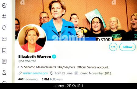 Twitter-Seite (Mai 2020) : US-Senatorin Elizabeth Warren Stockfoto