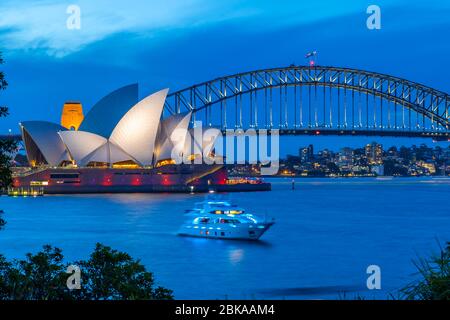 Blick auf die Sydney Harbour Bridge und das Opernhaus vom Mrs Macquarie's Chair in Dusk, Sydney, New South Wales, New South Wales, Australien Stockfoto