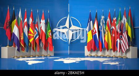 NATO. Flaggen der Mitglieder der Nordatlantischen Vertragsorganisation und Symbol der NATO. 3d-Darstellung Stockfoto