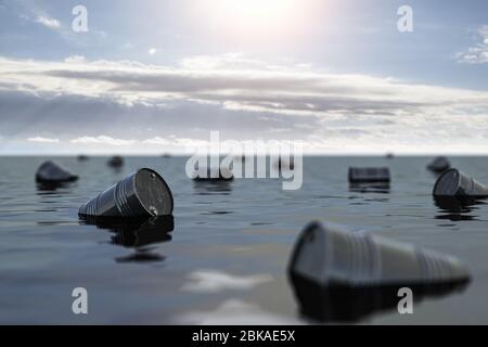 Ölfässer, die auf dem Ölmeer schwimmen. Krisenkonzept der Ölindustrie. 3d-Darstellung Stockfoto