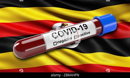 Flagge Ugandas winkend im Wind mit einem positiven Covid-19 Blutprobe Rohr. Stockfoto