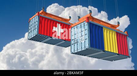 Versandcontainer mit Schweiz und Rumänien Flagge. 3D-Rendering Stockfoto