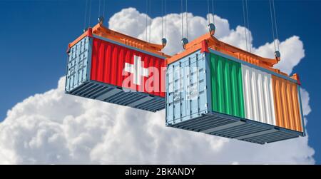 Versandcontainer mit Schweiz und Irland Flagge. 3D-Rendering Stockfoto