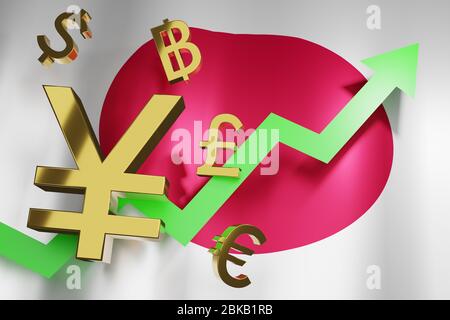 JYP Japanische Yen Währung mit Japan National Flag Geldwechselkurs wachsen steigende Geschäftsfinanzkonzept, 3D Rendering. Stockfoto