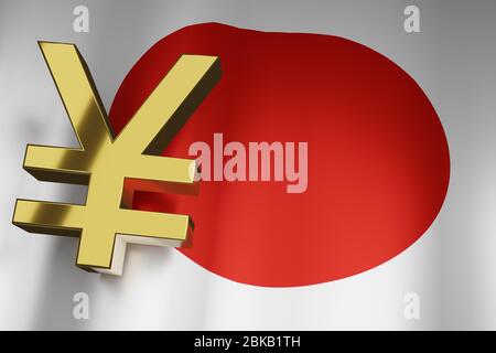 JYP Yen Währung Zeichen der japanischen Geldbörse auf Japan Flagge für Unternehmen finanzielle Hintergrund, 3D Rendering. Stockfoto