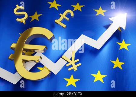 EUR Euro Währung mit EU Flagge Geld Wechselkurs wachsen steigende Geschäftsfinanzkonzept, 3D Rendering. Stockfoto