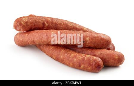 geräucherte Würste isoliert auf weißem Hintergrund Stockfoto