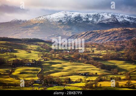 Das Hawkshead Tal von Latterbarrow in Richtung 'Old man of Coniston' und die Coniston Fells im Winter, Lake District, England Stockfoto