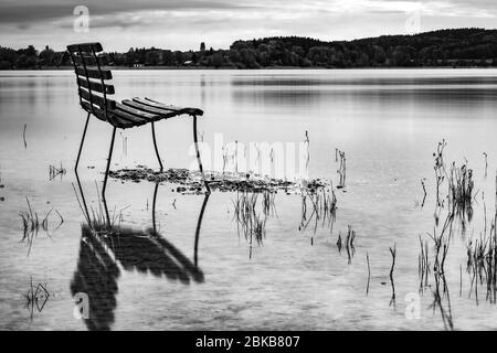 Bank im See Stockfoto