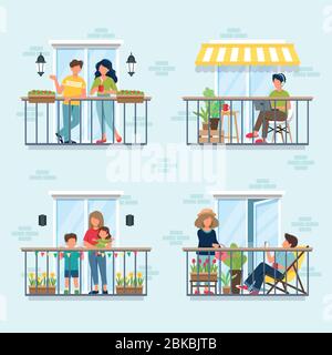 Menschen auf Balkon, soziale Isolation Konzept. Bleiben Sie während der Epidemie zu Hause. Niedliche Vektorgrafik im flachen Stil Stock Vektor