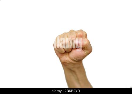 Fausthand, auf weißem Hintergrund der männlichen Hand, Symbol der Stärke Stockfoto