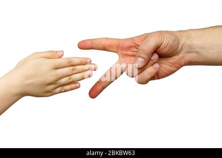 Hand Papier und Schere spielen zusammen auf einem weißen isoliert Hintergrund Stockfoto