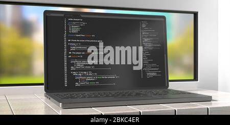 Programmierung Code, Software, Entwicklung von Codierungstechnologien Konzept. Code auf einem Laptop-Bildschirm auf einem Büroschreibtisch. 3d-Darstellung Stockfoto