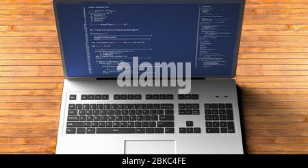 Programmierung Code, Software, Entwicklung von Codierungstechnologien Konzept. Code auf einem Laptop-Bildschirm, Hintergrund des hölzernen Büroschreibtisches. 3d-Darstellung Stockfoto