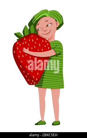 Das Mädchen umarmt eine große Erdbeere. Kinder lieben süße Beeren. Charakter im Cartoon-Stil Illustration auf weißem Hintergrund Stockfoto