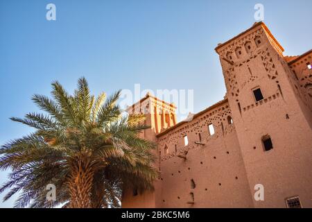 Alte Gebäude und eine Palme bei Ait Ben Haddou in Marokko Stockfoto