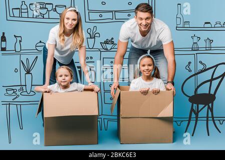 Lächelnde Eltern mit Kindern in Kartons für Umzug auf blau, Küche Interieur Illustration Stockfoto