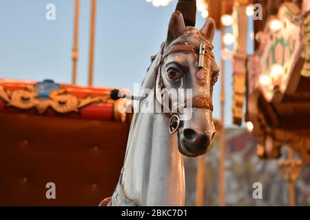 Nahaufnahme eines Karussellpferdes im Zentrum von Tirana, Albanien. Stockfoto