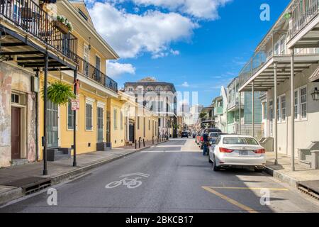 Ruhiger Morgen in der Bourbon Street, New Orleans Stockfoto