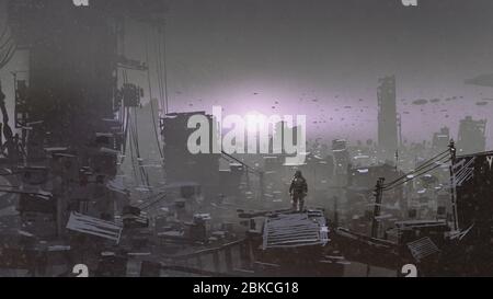 Mann, der den Sonnenuntergang auf einem Dach des Gebäudes in der post-apokalyptischen Welt betrachtet, digitaler Kunststil, Illustration Malerei Stockfoto
