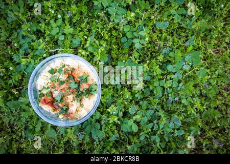 Schale mit Macaroni Salat bei einem Picknick Stockfoto