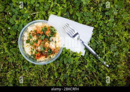 Schale mit Macaroni Salat bei einem Picknick Stockfoto