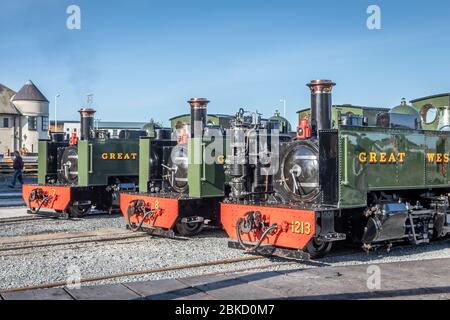 GWR 2-6-2 No. 7, No. 8 und No. 1213 Line-Up in Aberystwyth auf der Vale of Rheidol Railway während ihres Steam Festival Wochenendes Stockfoto