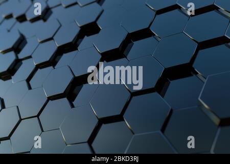 Abstrakter Hexagon-Hintergrund als JPG-Bilder, die in 3D erstellt wurden, um sie als Hintergründe in Websites, Videos, Illustrationen und mehr zu verwenden. Hochauflösende 6000 x 400 p Stockfoto