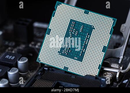 Der Prozessor ist ein kleiner Chip, der in Computern und anderen elektronischen Geräten steckt Stockfoto