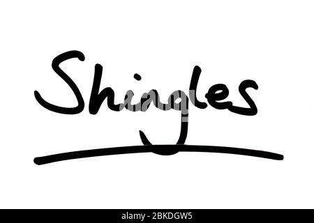 Schindeln handschriftlich auf weißem Hintergrund. Stockfoto