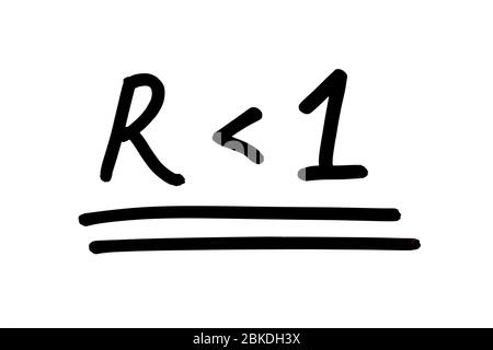 Übertragungsrate R ist kleiner als 1 - handschriftlich auf weißem Hintergrund. Das R ist die Abkürzung für die Übertragungsrate des Coronavirus. Stockfoto