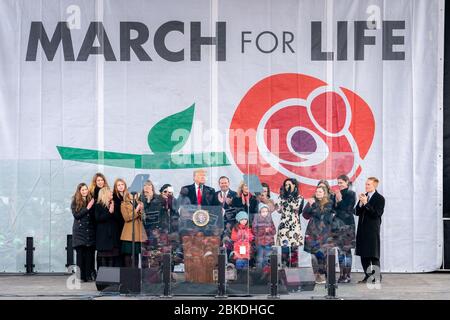 Präsident Donald Trump spricht am 24. Januar 2020 in der National Mall in Washington, D.C. an der 47. Jahrestagung des Lebens, um die Pro-Life-Bewegung zu unterstützen. Stockfoto