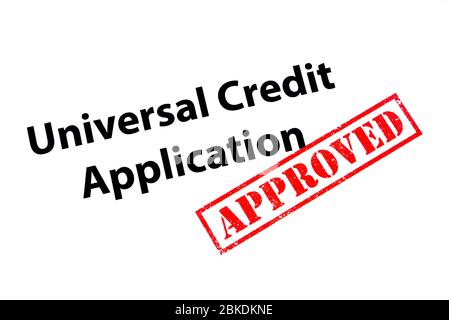 Universal Credit Application Überschrift mit einem roten ZUGELASSENEN Stempel. Stockfoto