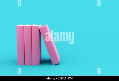 Rosa Hardcover Bücher Vorlage Mock-up auf blauem cyanfarbenem Hintergrund, modernes minimalistisches Konzept mit Kopierraum - 3D-Illustration Stockfoto