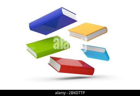 Blaue, rote, grüne und gelbe Hardcover-Bücher fliegen über weißem Hintergrund - 3D-Illustration Stockfoto