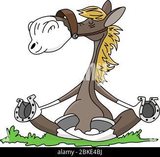 Cartoon Pferd sitzt in einer Lotusposition tun Yoga-Vektor-Illustration Stock Vektor