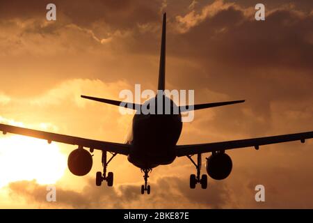 Flugreisen. Passagierflugzeug im Jet-Flugzeug, das bei Sonnenuntergang gegen einen bewölkten Himmel landet. Nahaufnahme von hinten in der Silhouette. Stockfoto